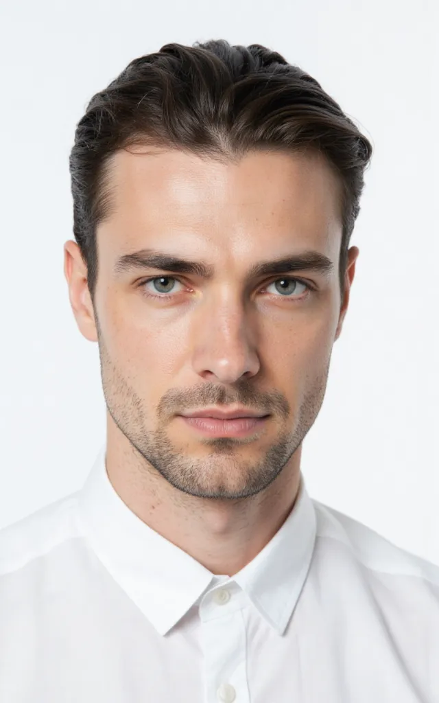A French male model with a Slicked   back, wearing a shirt, against a white background, in a front   facing bust portrait